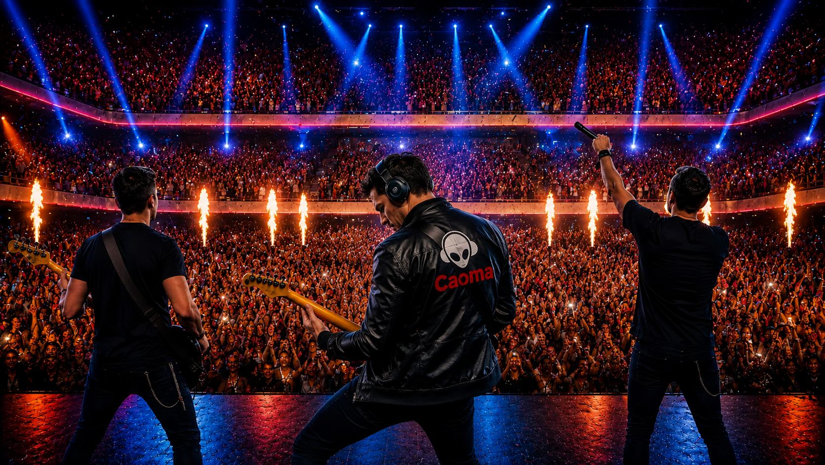 Banda no palco de uma arena lotada